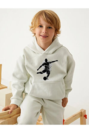 Kapüşonlu İçi Polar Futbolcu Baskılı Beyaz Unisex Çocuk Sweatshirt