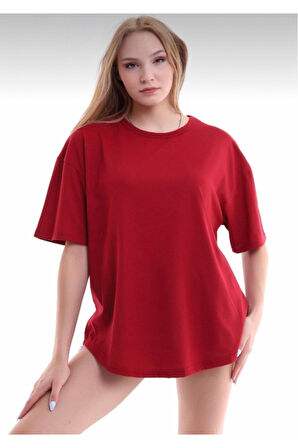 Unisex Pamuklu Bordo Bisiklet Yaka Oversize T-shirt