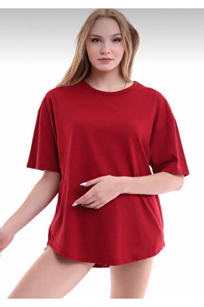 Unisex Pamuklu Bordo Bisiklet Yaka Oversize T-shirt