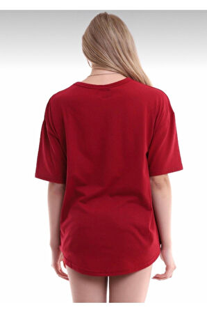 Unisex Pamuklu Bordo Bisiklet Yaka Oversize T-shirt