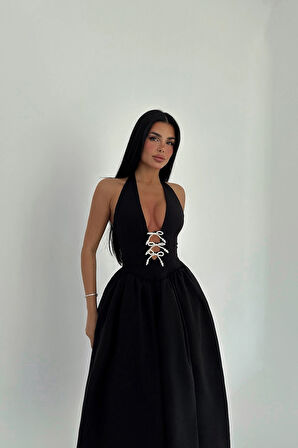 Siyah Ballerina İncili Fiyonk Detay Elbise ATE-2558