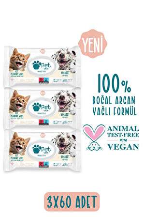 Kediler Ve Köpekler Için Evcil Hayvan Temizleme Mendili 3x60 Adet 100% Doğal Argan Yağlı