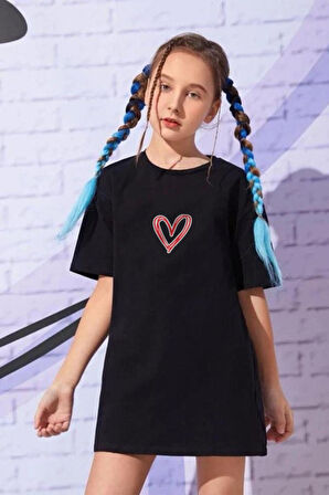 LUNAVISTA Kız Çocuk Kırmızı Kalp Baskılı Oversize T-shirt
