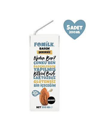 Badem Sütü Glutensiz Bitkisel Bazlı Laktozsuz Vegan Şekersiz 200 Ml x 5 Adet