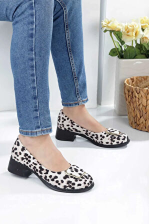 Kadın Topuklu Leopar Desenli Kare Tokalı Babet