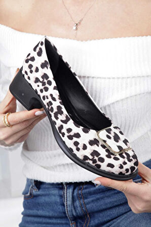 Kadın Topuklu Leopar Desenli Kare Tokalı Babet