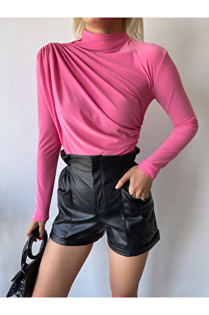 Kadın Pembe Dik Yaka Sandy Kumaş Büzgü Detaylı Bluz