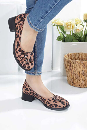 Kadın Topuklu Leopar Desenli Kare Tokalı Babet