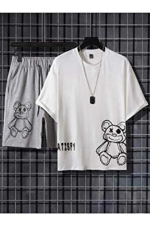 Bear Baskılı Gri Şort Beyaz T-shirt Takım