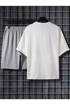 Bear Baskılı Gri Şort Beyaz T-shirt Takım