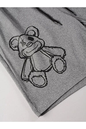 Bear Baskılı Gri Şort Beyaz T-shirt Takım