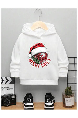 Çocuk Tasarım Vıbes Dısko Topu Baskılı Kapüşonlu Sweatshirt Pamuklu