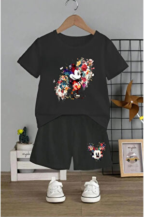 Çocuk Tasarım Mickey Mouse Çiçek Baskılı T-Shirt Şort Alt Üst Takım %100 Pamuk
