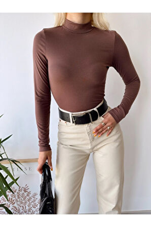 Kadın Kahverengi Dik Yaka Uzun Kol Viskon Bluz