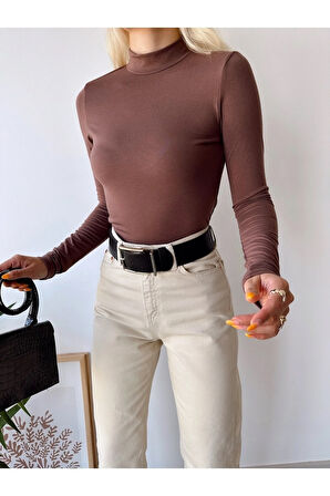 Kadın Kahverengi Dik Yaka Uzun Kol Viskon Bluz