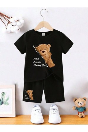 Yazlık What Are You Ayıcık Baskılı Kız Erkek Çocuk Siyah Alt-Üst Şort T-Shirt Takım