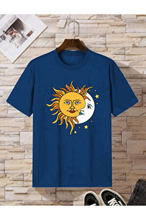 Kadın Siyah Güneş Ay Baskılı Oversize Penye T-shirt Tişört