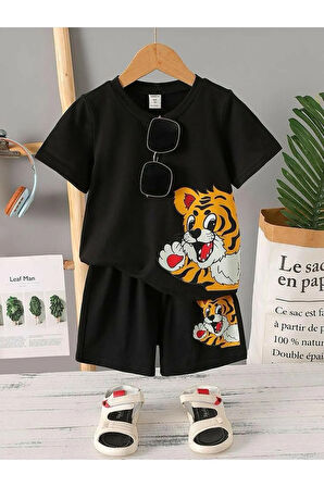 Çocuk Tasarım Aslan Yavrusu Baskılı T-Shirt Şort Alt Üst Takım %100 Pamuk