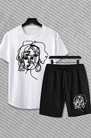Aesthetic Kadın Çizim Baskılı şort Ve T-shirt Alt Üst Takımı