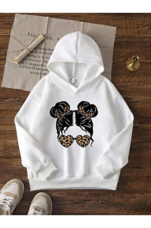 Kız Çocuk Beyaz Tokalı Kız Baskılı Kapşonlu Sweatshirt