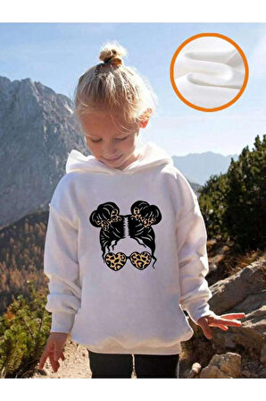 Kız Çocuk Beyaz Tokalı Kız Baskılı Kapşonlu Sweatshirt