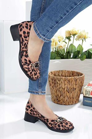 Leopar Desenlı Taş Detaylı Toka Kadın Topuklu Babet