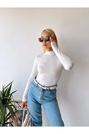 Kadın Beyaz Dik Yaka Uzun Kol Viskon Bluz