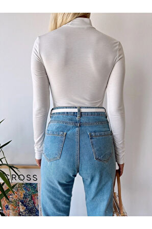 Kadın Beyaz Dik Yaka Uzun Kol Viskon Bluz