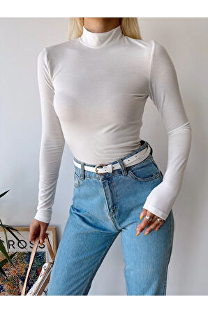 Kadın Beyaz Dik Yaka Uzun Kol Viskon Bluz