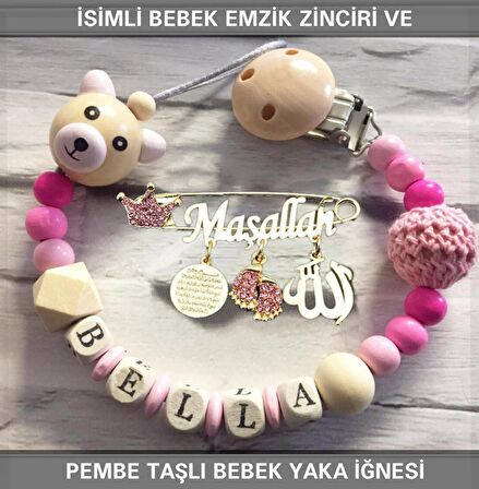 İsimli Bebek Emzik Zinciri ve Pembe Taşlı Bebek Yaka İğnesi