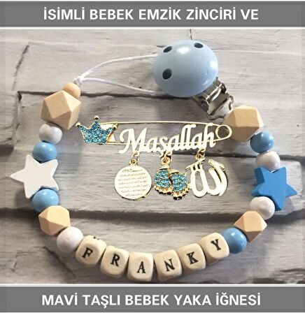 İsimli Bebek Emzik Zinciri ve Mavi Taşlı Bebek Yaka İğnesi