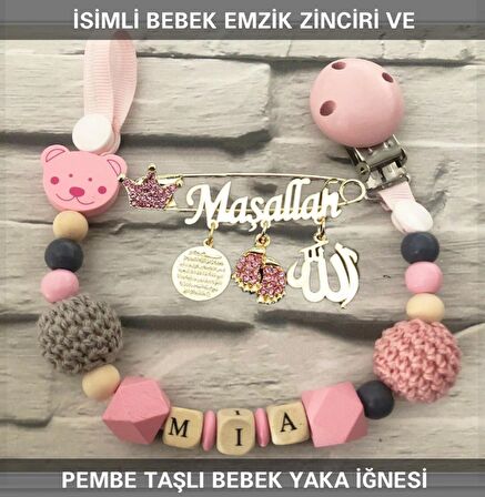 İsimli Bebek Emzik Zinciri ve Pembe Taşlı Bebek Yaka İğnesi