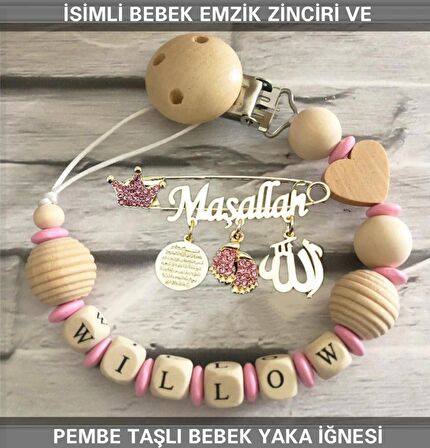 İsimli Bebek Emzik Zinciri ve Pembe Taşlı Bebek Yaka İğnesi