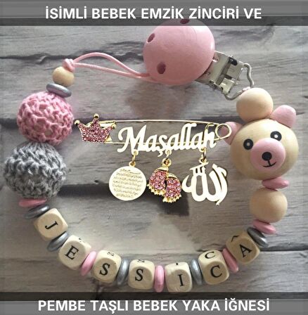 İsimli Bebek Emzik Zinciri ve Pembe Taşlı Bebek Yaka İğnesi