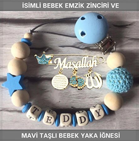 İsimli Bebek Emzik Zinciri ve Mavi Taşlı Bebek Yaka İğnesi