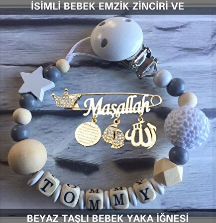 İsimli Bebek Emzik Zinciri ve Beyaz Taşlı Bebek Yaka İğnesi