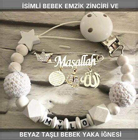 İsimli Bebek Emzik Zinciri ve Beyaz Taşlı Bebek Yaka İğnesi