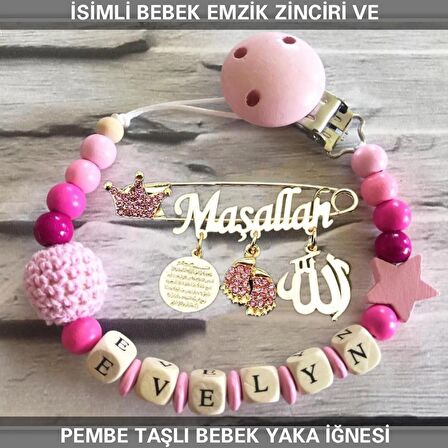 İsimli Bebek Emzik Zinciri ve Pembe Taşlı Bebek Yaka İğnesi