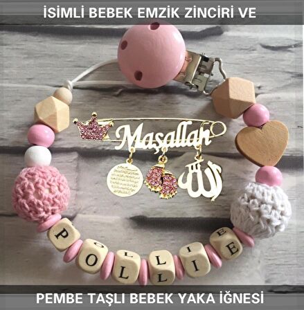 İsimli Bebek Emzik Zinciri ve Pembe Taşlı Bebek Yaka İğnesi