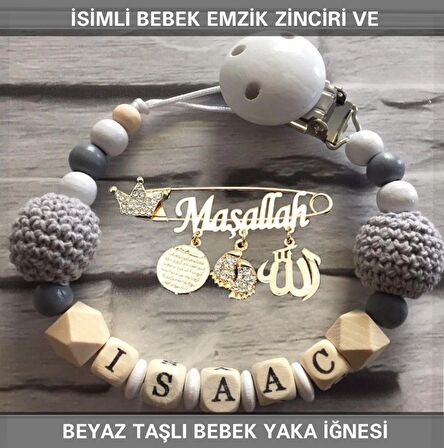 İsimli Bebek Emzik Zinciri ve Beyaz Taşlı Bebek Yaka İğnesi