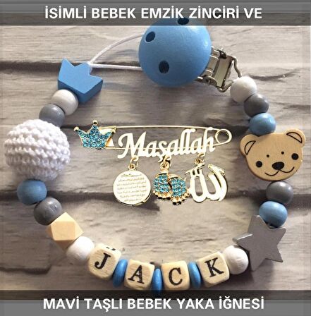 İsimli Bebek Emzik Zinciri ve Mavi Taşlı Bebek Yaka İğnesi