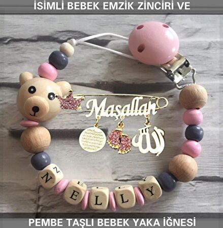 İsimli Bebek Emzik Zinciri ve Pembe Taşlı Bebek Yaka İğnesi