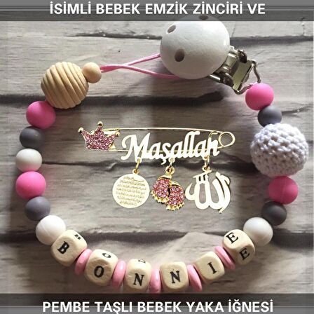 İsimli Bebek Emzik Zinciri ve Pembe Taşlı Bebek Yaka İğnesi