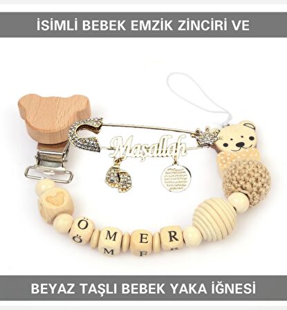Sahi Aksesuar İsimli Bebek Emzik Zinciri ve Beyaz Taşlı Bebek Yaka İğnesi