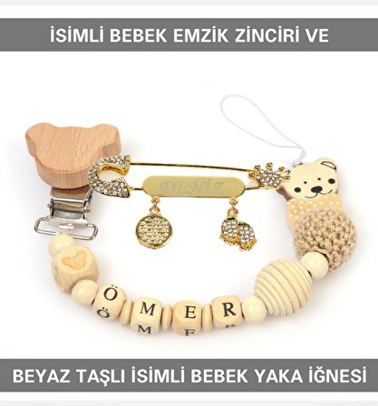 Sahi Aksesuar İsimli Bebek Emzik Zinciri ve Beyaz Taşlı Bebek Yaka İğnesi