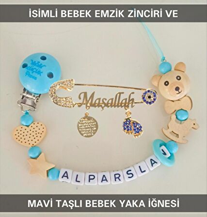 Sahi Aksesuar İsimli Bebek Emzik Zinciri ve Mavi Taşlı Bebek Yaka İğnesi