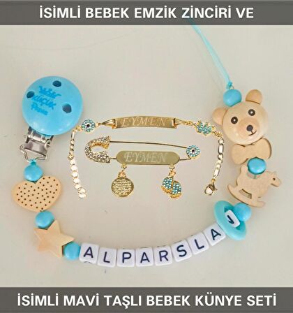 Sahi Aksesuar İsimli Bebek Emzik Zinciri ve Mavi Taşlı Bebek Künye Seti