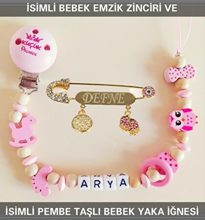 Sahi Aksesuar İsimli Bebek Emzik Zinciri ve Pembe Taşlı Bebek Yaka İğnesi