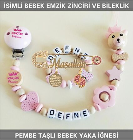Sahi Aksesuar İsimli Bebek Emzik Zinciri Seti ve Pembe Taşlı Bebek Yaka İğnesi