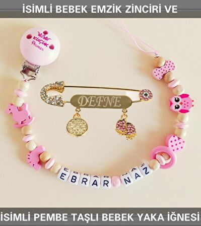Sahi Aksesuar İsimli Bebek Emzik Zinciri ve Pembe Taşlı Bebek Yaka İğnesi